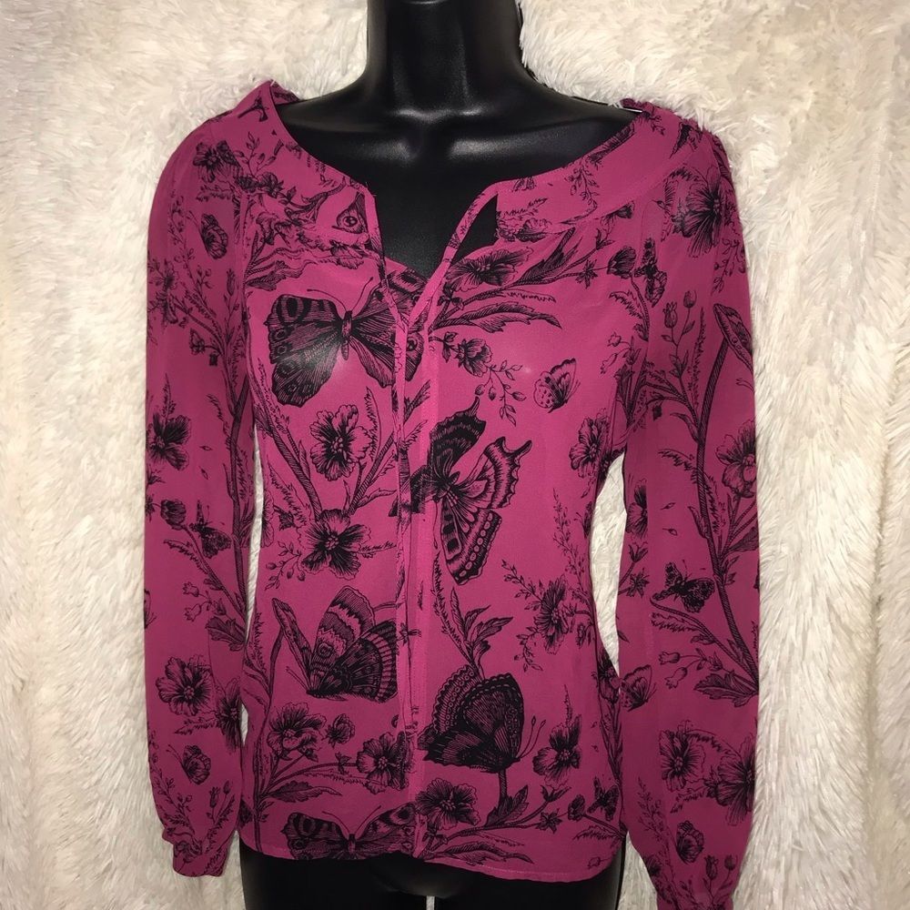 Loft sheer butterfly floral long sleeve top